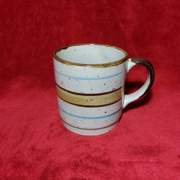 Vintage 1970's Stoneware MCM Coffee Mug Speckled With Brown & Blue Circles Korea - Picture 1 of 6